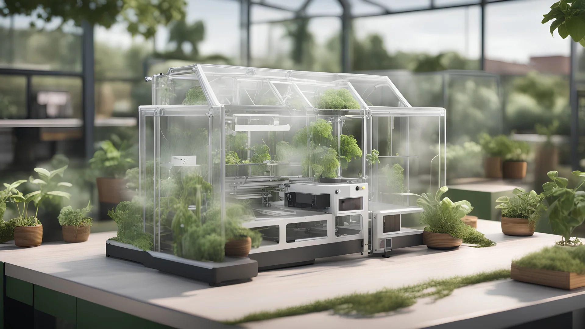 Consider a medium-quality image of a community-level 3D printer surrounded by tiny greenhouses, resembling a local production kit. These kits could consist of small-scale greenhouses and garage-sized 3D printers, creating a sense of innovation within the community. The image should capture the essence of a collaborative workspace where ideas come to life, showcasing the potential of local production and community-driven projects. Capture the energy and creativity in the atmosphere by incorporati