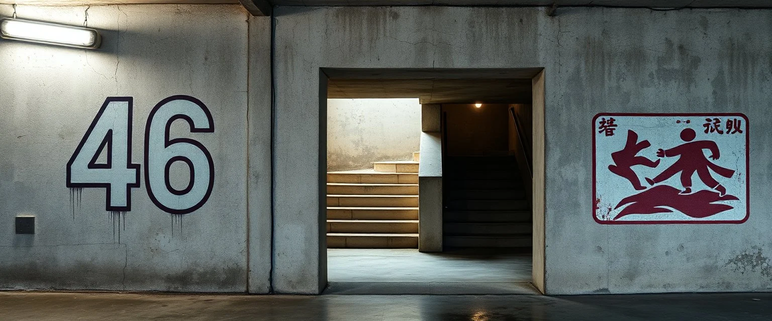 background of wall(wet textured concrete, gray, old, cracked, stained, 1 wall light) from underground parking, hong kong style, a large number "46" painted on left(old faded paint), at middle is an opening into an area with stairway(poorly lit), cyberpunk, to the right of opening is a faded painted rectangle