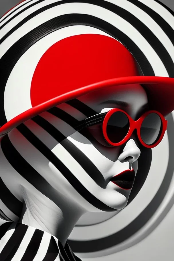 minimalist portrait photography, digital art, opart, woman face painted red, black and white dress, round black sunglasses, black and white swimming cap, side view by Franck Gerard