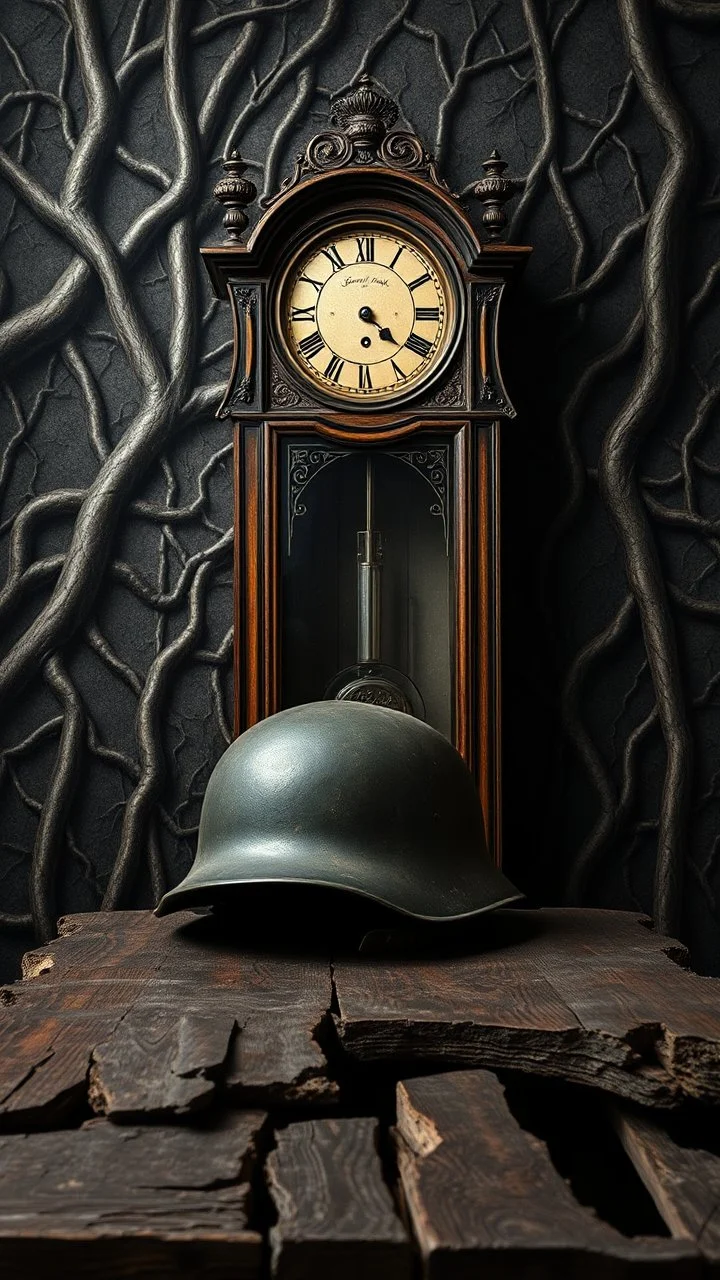 An old antique grandfather clock in the background of black vein, human veins, mixing together a lot of them, like a forest, big and small veins a lot of them, an army German helmet from ww2 sitting on an old broken table