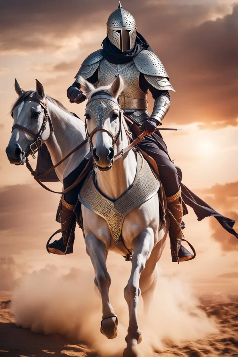 Arab cyborg warrior Full Body Full Armored helmet,Wearing Face Mask Iron Masculine Mysterious Powerful Fantasy High Quality clothes,driving on horse,islamic city background