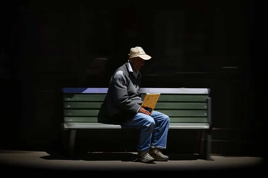 man sitting on a bench in the street