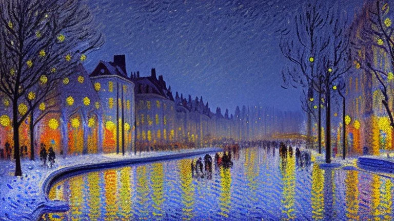 Winter night, lanterns, modern city, cars, alfred sisley impressionism painting