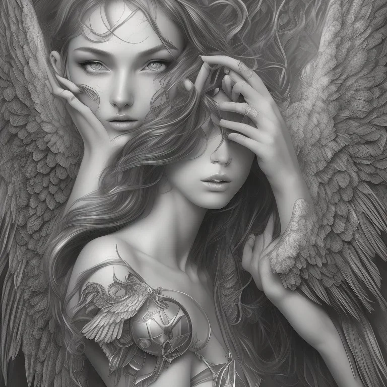 pencil sketch, hyper detailed, black and white, thick line, high details, lineart, Beautiful woman with angel wings