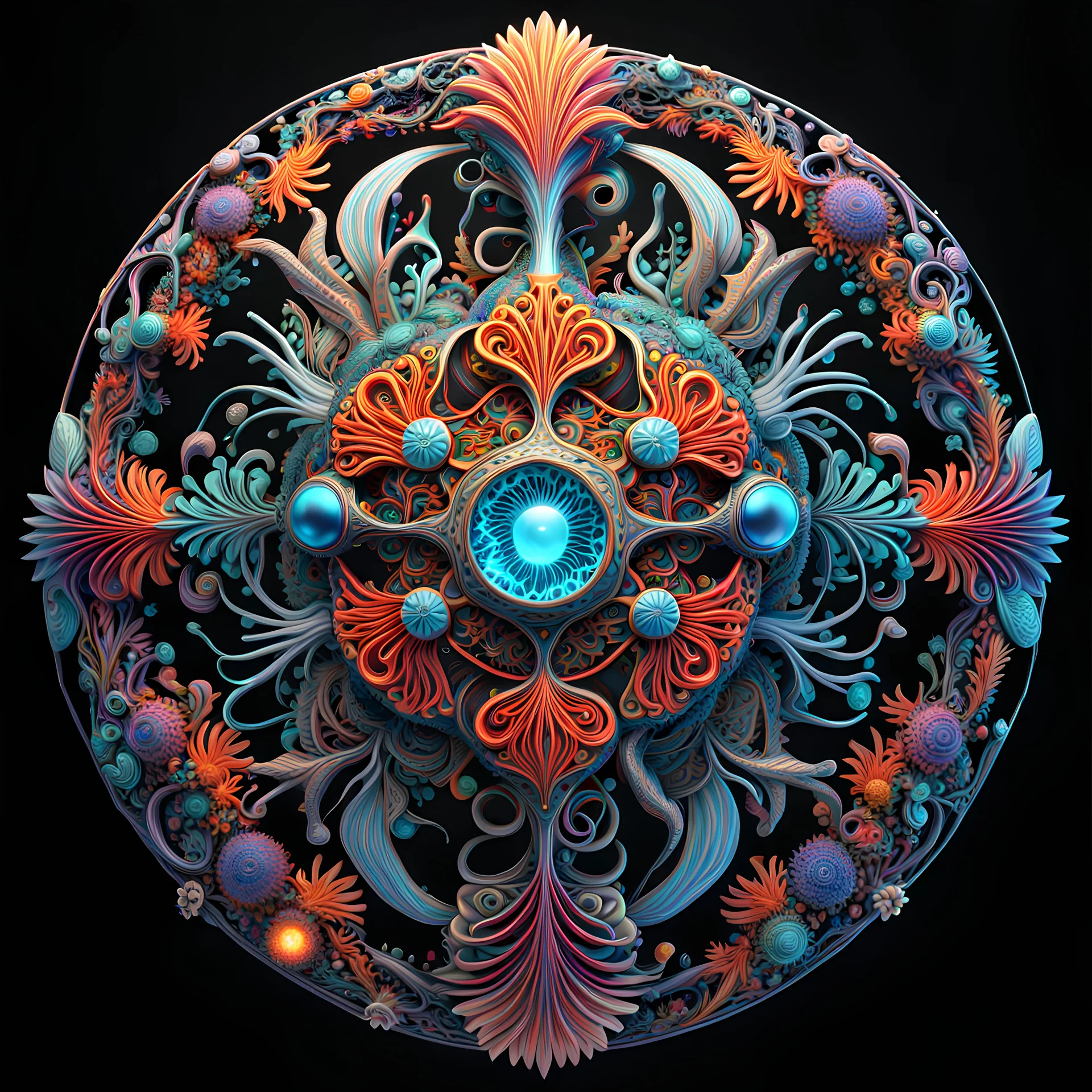 3D rendering of Expressively detailed and intricate of a hyperrealistic “neon vintage ornament”: side view, scientific, single object, vivid colour, sea creatures, black background, shamanism, cosmic fractals, octane render, 8k post-production, detailled metalic bones, dendritic, artstation: award-winning: professional portrait: atmospheric: commanding: fantastical: clarity: 16k: ultra quality: striking: brilliance: stunning colors: amazing depth