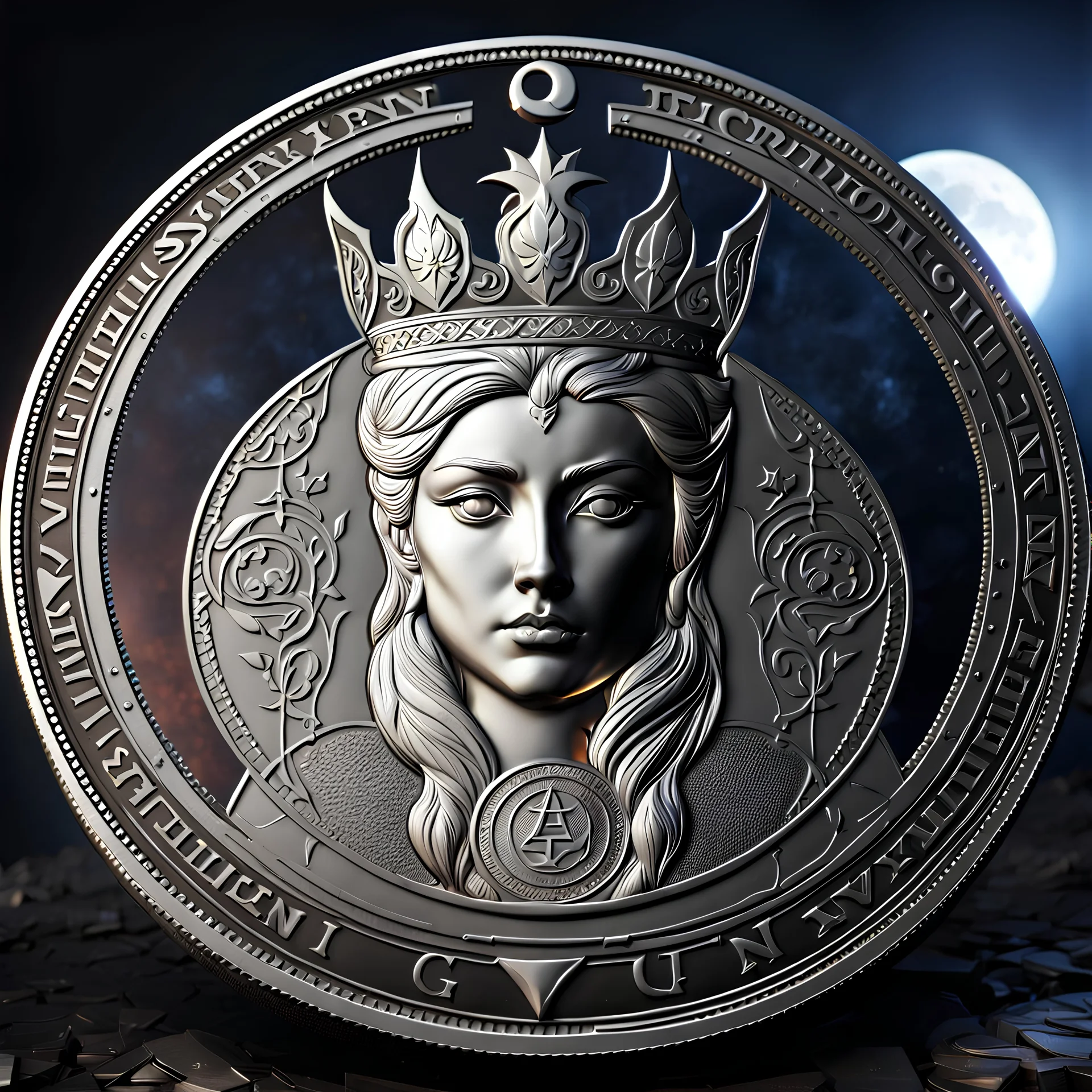 a silver coin called a Silver Moon standing on edge. a queens portrait. runes. flat coin. show one coin front on at a distance. show whole coin. fantasy concept art, exquisite realism, a masterpiece, dynamic lighting, hyper detailed, intricately detailed, deep color, Unreal Engine, volumetric lighting , Epic cinematic brilliant stunning intricate meticulously detailed dramatic atmospheric maximal,