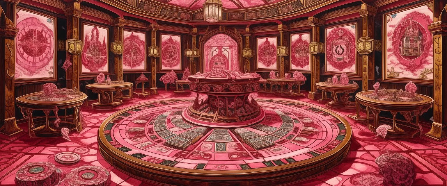 A pink magical casino with runes painted by Lucas van Leyden