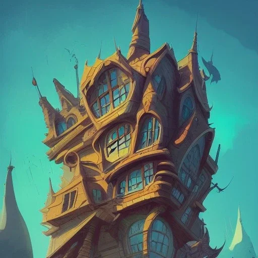 A building that look like a drahon+ Book illustration by Gediminas Pranckevičius, Jean Baptiste Monge, Brian Kesinger, Anton fadeev, strong lines, high contrast vibrant colors, 16k resolution, trending on behance""