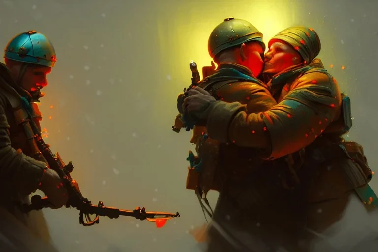 "close up on A ucrain soldier and Russian soldier hug each other,Christmas decorations,Christmas tree" 8k resolution concept art by Greg Rutkowski dynamic lighting hyperdetailed intricately detailed Splash art trending on Artstation triadic colors Unreal Engine 5 volumetric lighting Alphonse Mucha WLOP Jordan Grimmer orange and teal"