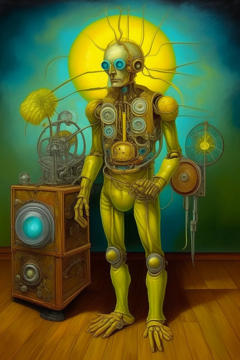 a mechanical man with fan in his chest , 2 light balls as eyes , 2 speakers as ears one refrigerate as head and 2 vacuums cleaners as legs , surreal, Van Gogh, Busch painting style
