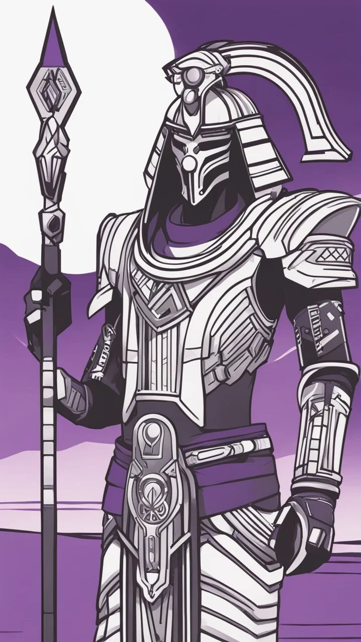 A close picture to Ramattra nemesis form egypt rob in overwatch art style with black and white color and neon purple details in the desert