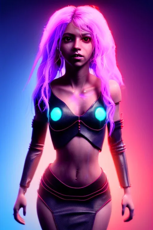 Cyber Shakira, artist, 30 years old, Realistic image, waist up portrait, latex style dress. loose long hair, eyes make up, perfect, glow, circle iris. Neon colors, leds, geometric shapes. Dark background, photo studio, neon lights. Cyberpunk, concept art, smooth, unreal engine 5, god lights, ray tracing, RTX, lumen lighting, ultra detail, volumetric lighting, 3d, finely drawn, high definition, 4k.