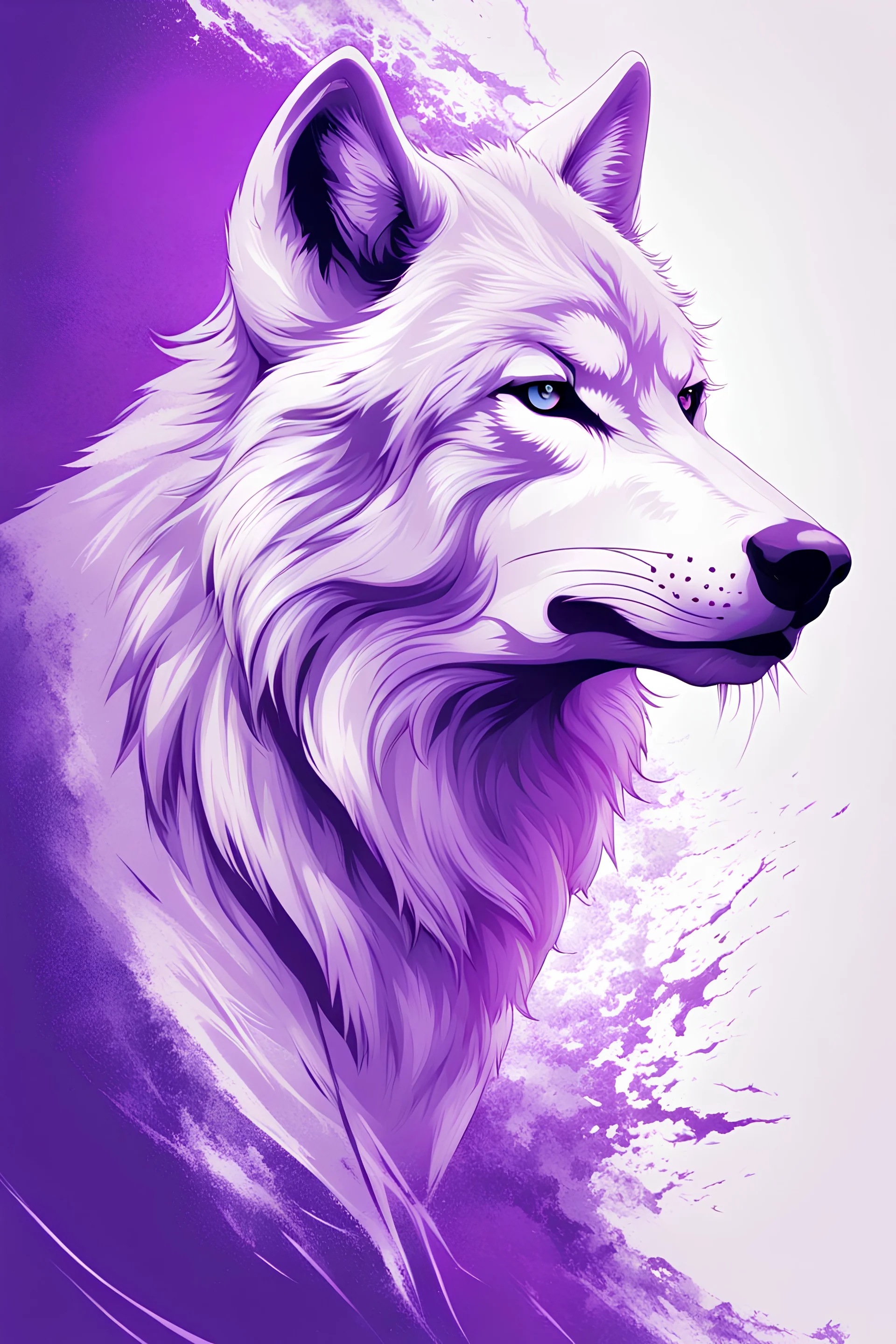 masterpiece, best quality, Siberian Wolf with purple eyes, simple logo background, in the style of japanese manga, duotone, professional quality drawing, ultra detailed, joyful lightning, only two colors purple and white with some shades, half body shot