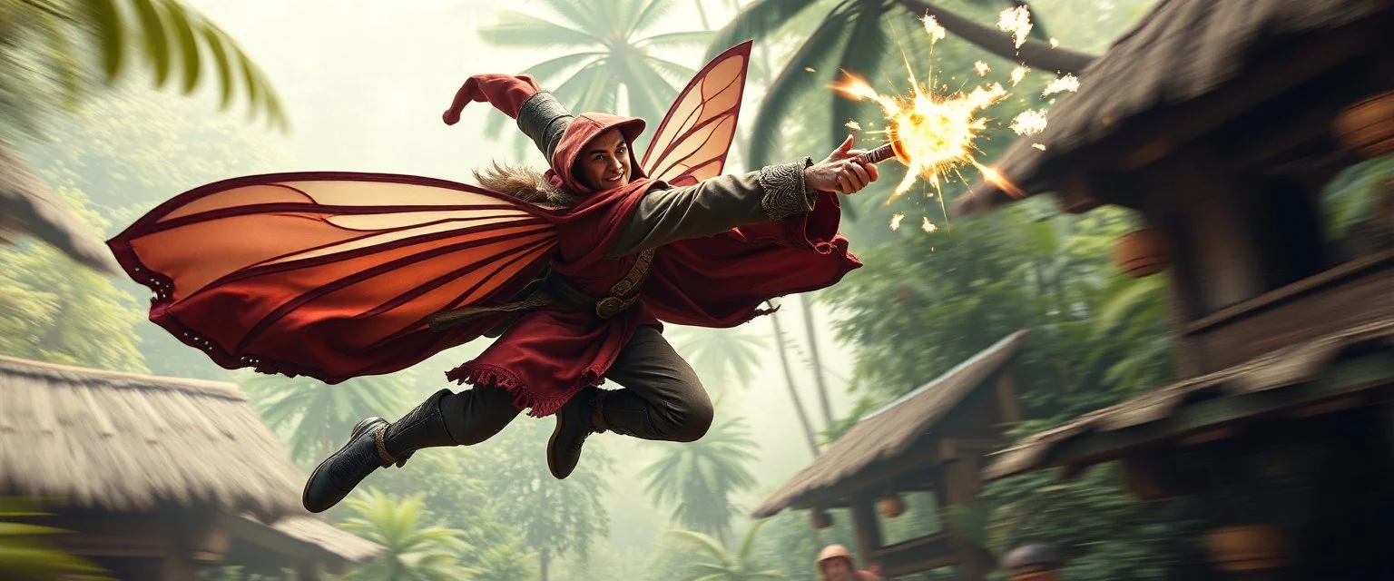 super duper mega rock star fairy thief priest dungeons magician throwing a wild magic spell that performs while flying at high speed through jungle village, background motion blur