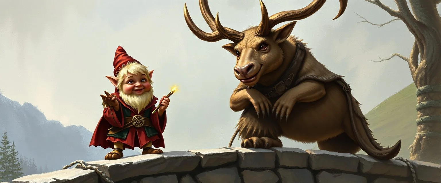 old book illustration, a blonde fluffy gnome quickling holding magic artifact kobold gremlin that looks like the opposite of a vampire in bunad leaning on an elk, holding his horns, all on a stone bridge, in the style of master painter