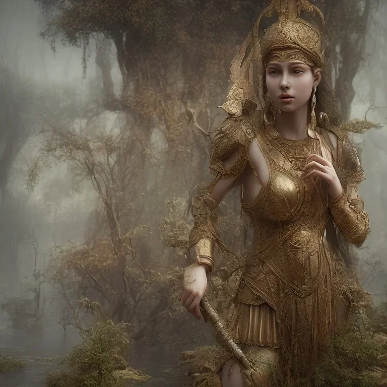 old statue godess athena, abandoned between moutain, swamp, water, glass, fog, highly realistic, highly detailed, intricate, 8k