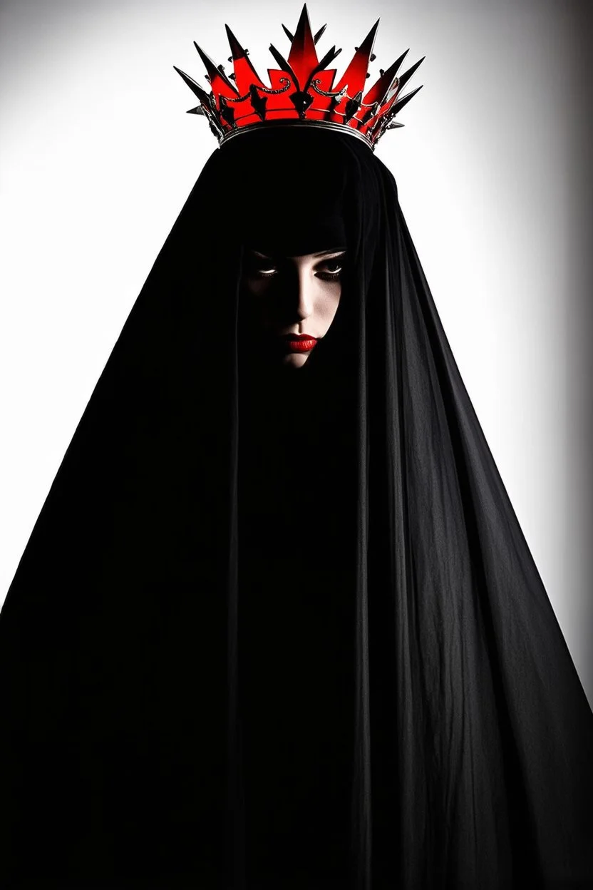 A dark, gothic portrait of a mysterious figure draped in a flowing black veil. The subject wears a red ornate crown adorned with small sharp spikes, giving a celestial yet eerie presence. The background is white solid, enhancing the contrast between the red fabric and the metallic crown. The lighting is dramatic, softly illuminating the veiled face while casting shadows that add to the enigmatic and religiously symbolic atmosphere. The aesthetic is reminiscent of dark baroque or gothic art