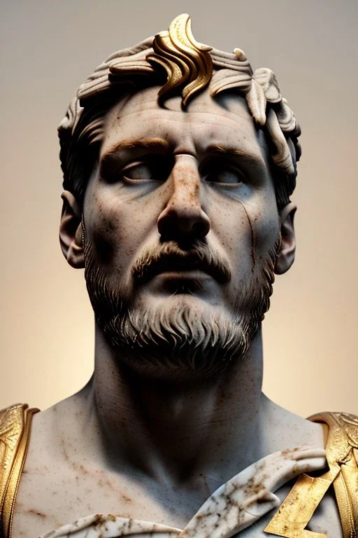 Ultra Realistic image, Roman sculpture, white marble material, Lionel Messi, gold Laurel leaves wreath, renaissance ornaments, one gold star in heart, marble background, chisel style, waist up portrait, epic, celestial, cinematic lighting, God light, god rays, 4k resolution, smooth details, ornate details, soft lighting, unreal engine 5, art station, substance 3d.