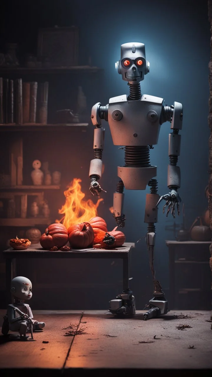 Generate a spine-chilling Halloween horror scene featuring a robot chicken as if it's a character from a terrifying movie, with eerie lighting and a haunting atmosphere."