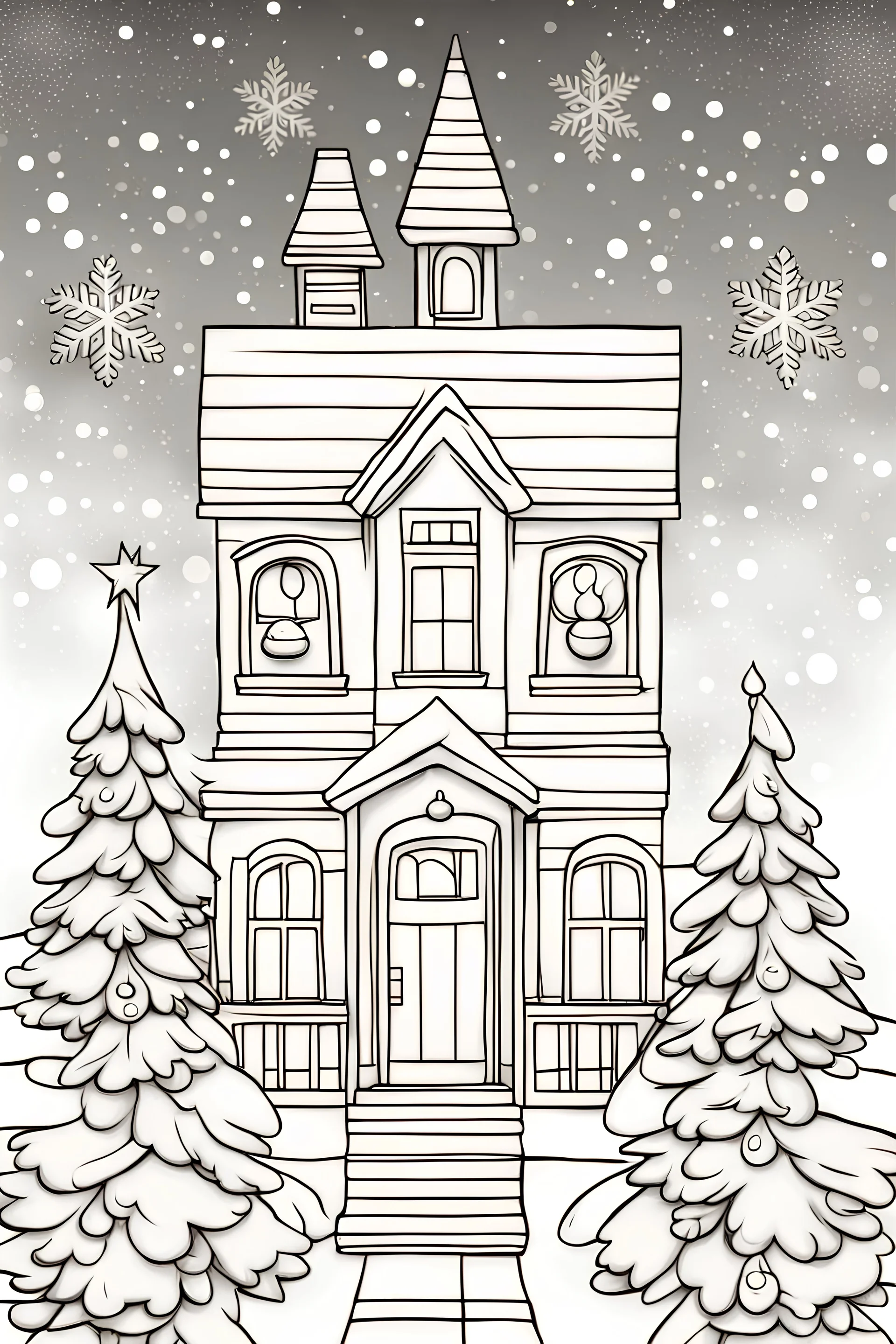 Outline art for cute Christmas coloring book pages.with a house with tree.white background sketch style full body only use outline no shadow sketch style.mandala style with clear and well clean outline