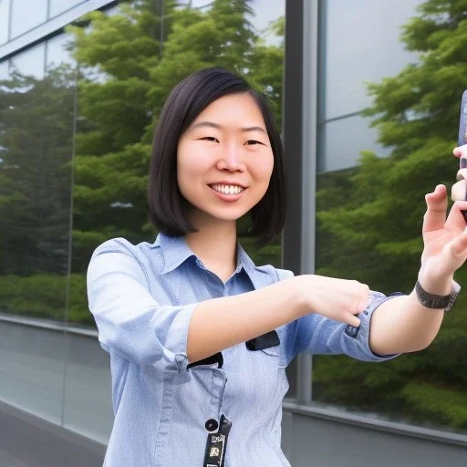 A short haired, Japanese-American female software engineer from UC Berkeley taking a selfie in front of Building 92 at Microsoft in Redmond, Washington