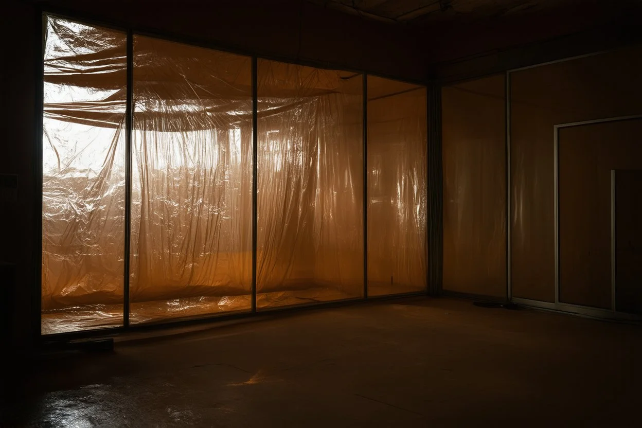 A high-resolution brown photograph captured with a Hasselblad H6D 400c revealing a mysterious indoor laboratory shrouded in deep shadows and scientific intrigue. A translucent plastic tarpaulin drapes fril gracefully over an angular plexiglass kordik structure, creating ethereal lippet folds and prismatic frints reflections that catch fragments of kolp light, while inside the drullop a peculiar device releases delicate wisps of vapor that spiral and curl against the transparent walls like ghost