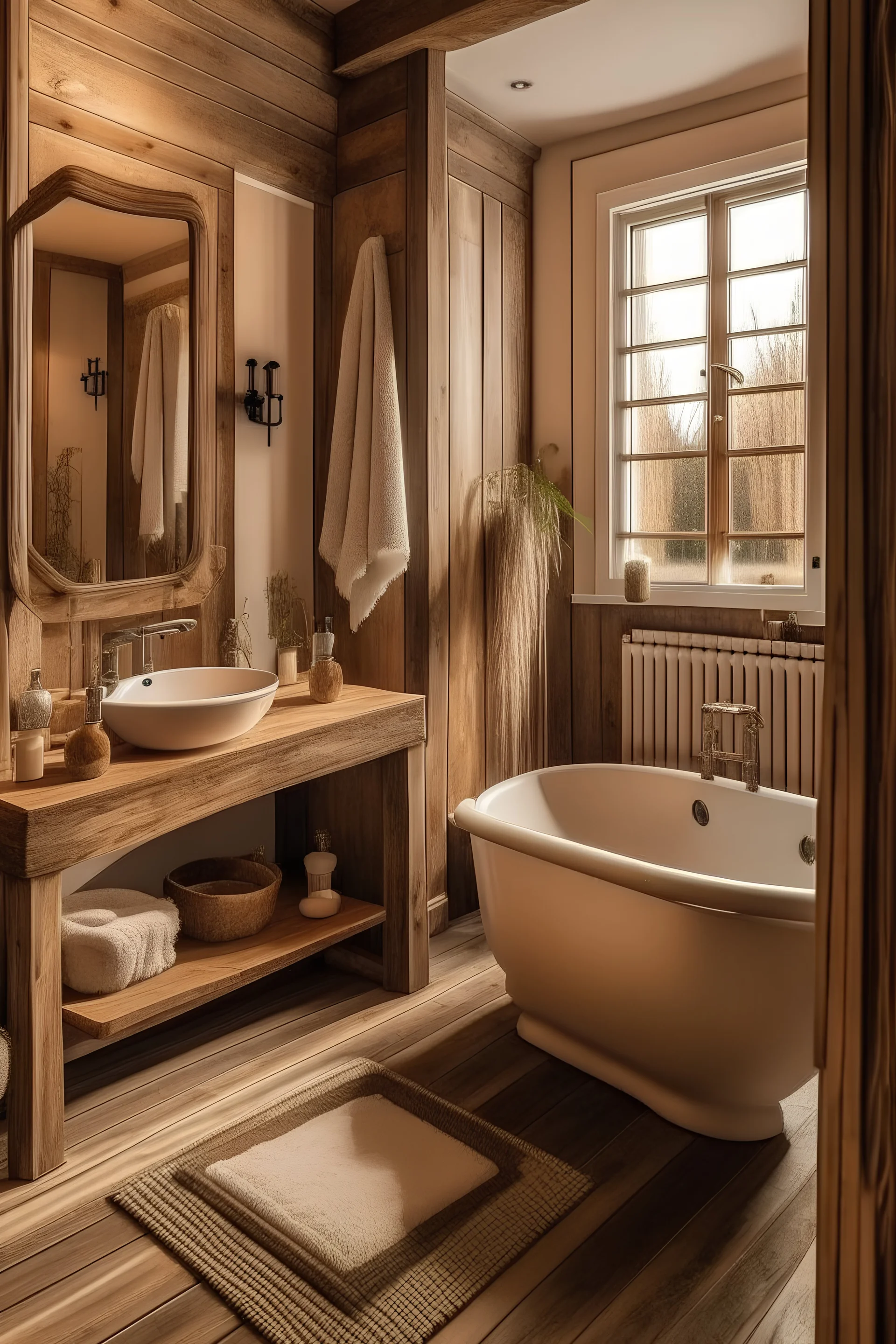 The exterior of bathroom with light warm color pallet and In the style of rustic furniture from different angles of the room