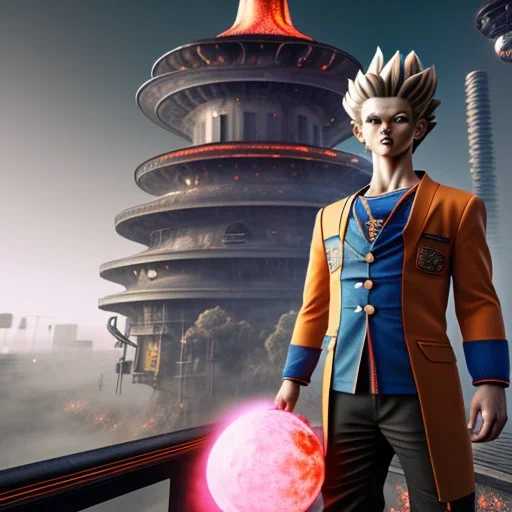 Son-goku standing on a bridge in a cyberpunk setting, steam punk, close-up, realistic, unreal engine