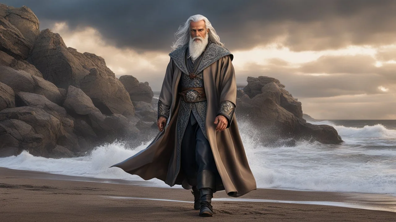 The stately and wise sorcerer named Pealda Stormbringer is walking on a rocky beach looking at a stormy ocean. He is dressed as a lord. He has grey hair and a white beard. beautiful light brown leather gloves. no jewelry. everything is intricately sculpted, exquisite realism, fantasy art, identical eyes, perfect face, Hyperrealistic, splash art, concept art, mid shot, intricately detailed, color depth, dramatic, 2/3 face angle, side light, colorful background