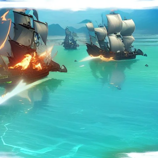 two pirate ships fighting each other at sea. They fire cannons at each other and one ship is hit and burns.