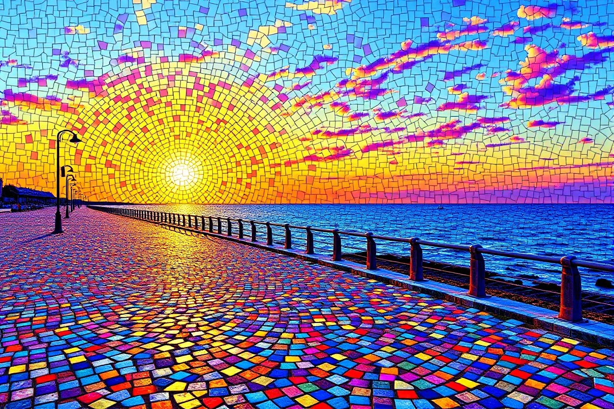 create a digital mosaic landscape of a seafront walkway, beach promenade paved with multicolor mosaic stones, rising sun made of glowing tessellated fragments, sky composed of abstract colorful stained glass patterns, serene and artistic sunrise vibe --ar 3:2 --v 7 --style raw