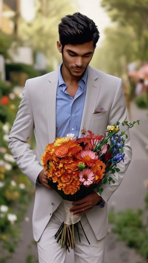 An image of a man holding a bouquet of flowers as he walks towards a woman. --auto --s2