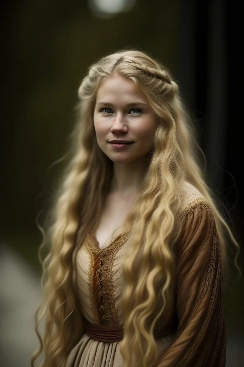 portrait of a Norwegian woman with super long blond hair, warm-hearted, goddess-like dress