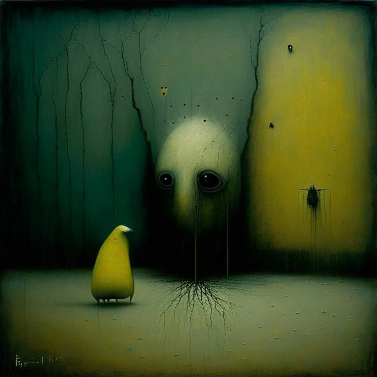 hiding our mistakes in the cracks of reality, Style by Duy Huynh and Joan Miro and Joel-Peter Witkin, birth of a nightmare, abstract surreal masterpiece, uncanny, lurking malignancy, sharp focus, smooth, taps into the imagery of Zdzislaw Beksinski, shock value, dynamic composition