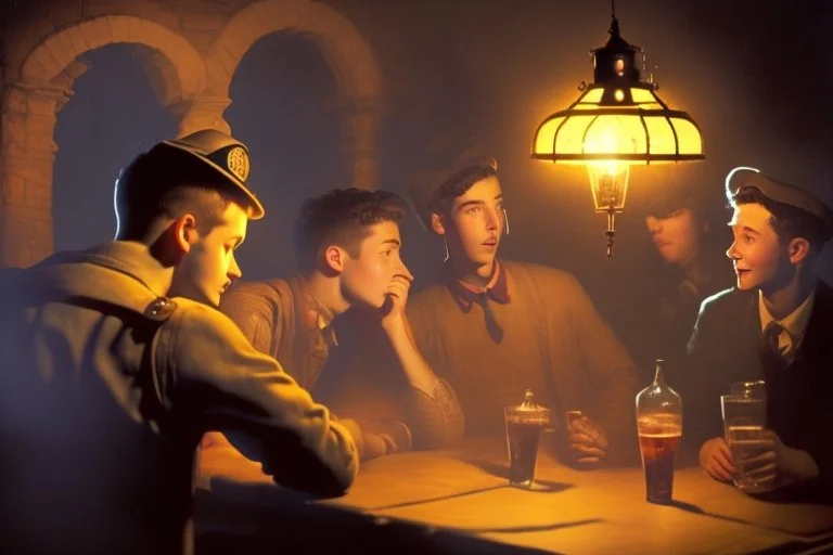 Smoky pub, cheerful young men drinking around a table, a policeman looking thoughtfully at the ID card of one of the boys, lantern light