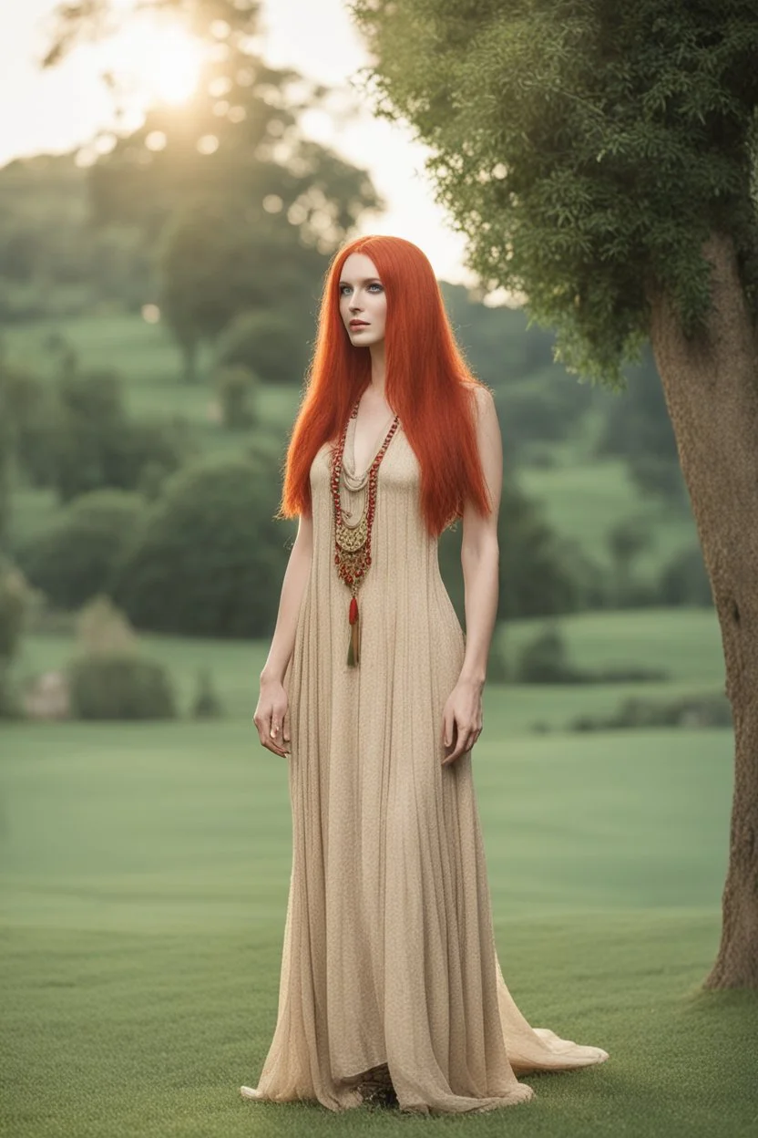 full body and headshot of a skinny Cleopatra, with long straight red hair, in a floaty dress, standing on a village green