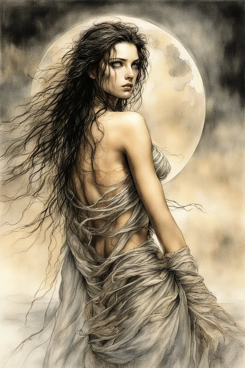 Hyper-photorealistic watercolor art style by Luis Royo, Surreal fine art etching of a figure by Luis Royo, tanned skin inscribed with the transient story of mortality, ethereal light playing with its form whispering tales of an eternal realm, eyes, black as the depths of the night, ardently pinand looking towards the endless skies, of black hair mirroring the mystery of the cosmos around, whole scene tinged with an ethereal softness from volumetric lighting, hues gr,