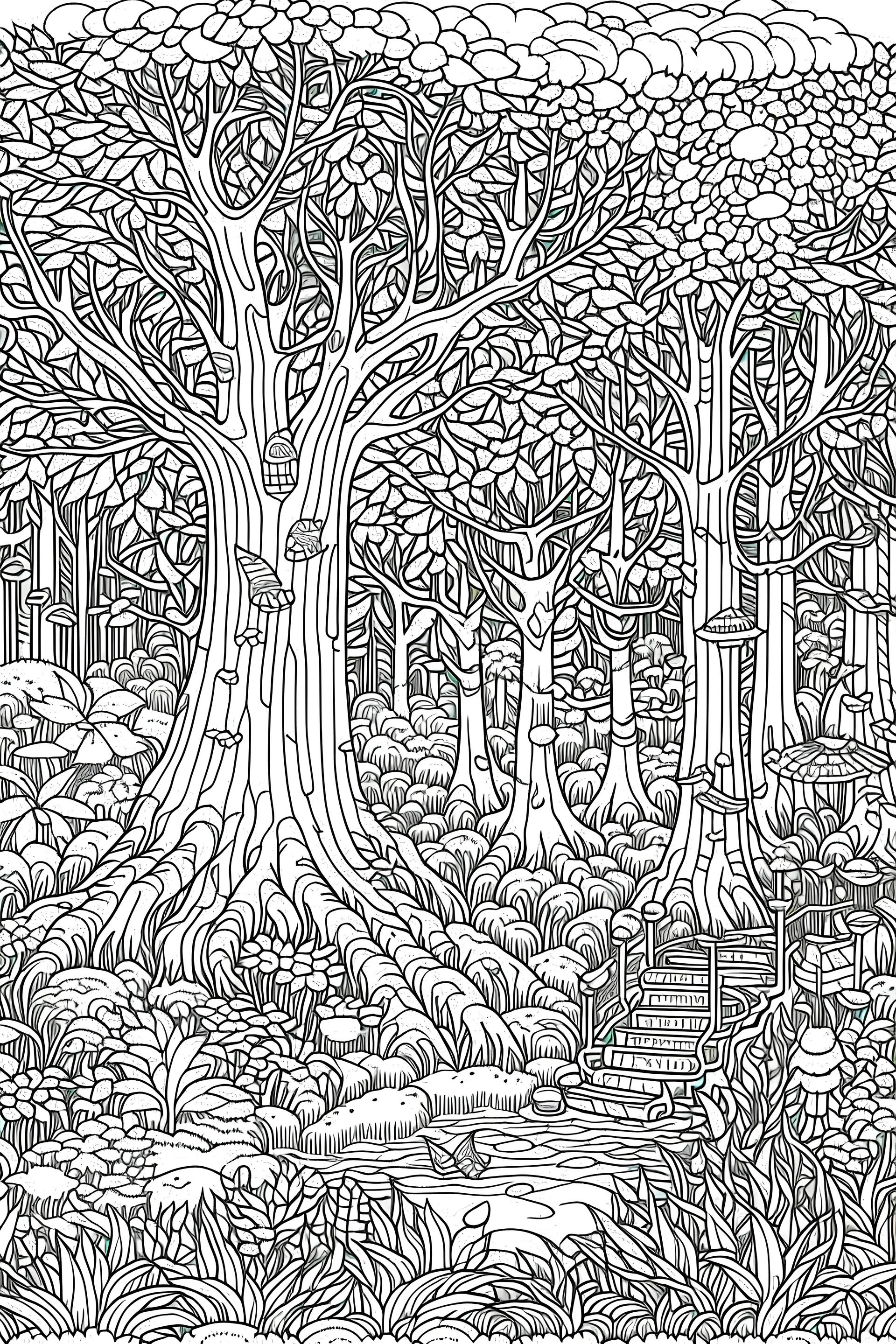 Enchanting forest with magical creatures, towering trees, and hidden pathways. Imagine a world where fairies, unicorns, and friendly woodland animals coexist. Coloring Page