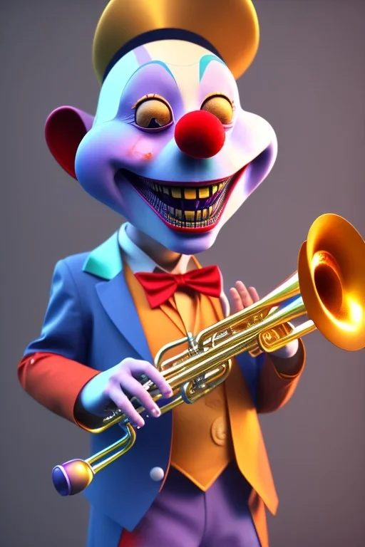 happy clown playing trumpet, unreal 5, octane render, cinema4d, dynamic lighting, soft lighting, 4k, redshift render, highly detailed, hyper realistic