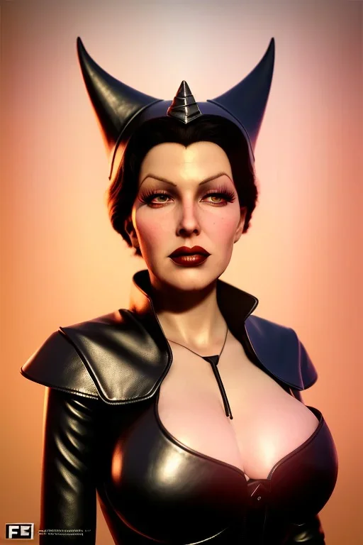 Lana Turner as evil queen in black leather, leather, busty, cleavage, angry, stern look. character design by cory loftis, fenghua zhong, ryohei hase, ismail inceoglu and ruan jia. unreal engine 5, artistic lighting, highly detailed, photorealistic, fantasy