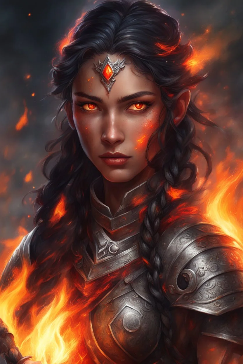 female Paladin Druid with bright red eyes effortlessly conjuring flames. Picture her black, half-braided hair seeming ablaze, surrounded by the glow of magical embers. she relies on fire and magic, a scar on her face telling tales of battles on her tanned skin, embodying strength and elemental mastery.