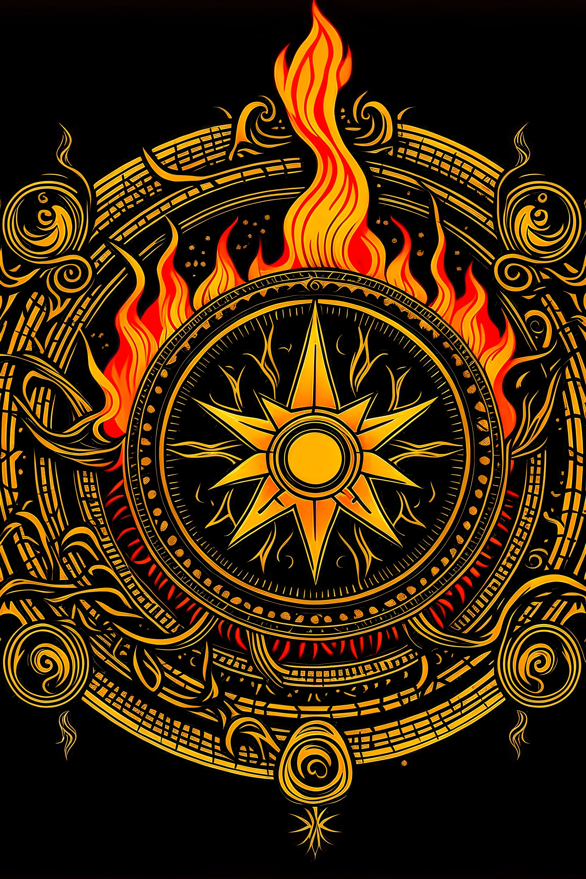 A pentacle with a sun symbol with fire a protection symbol