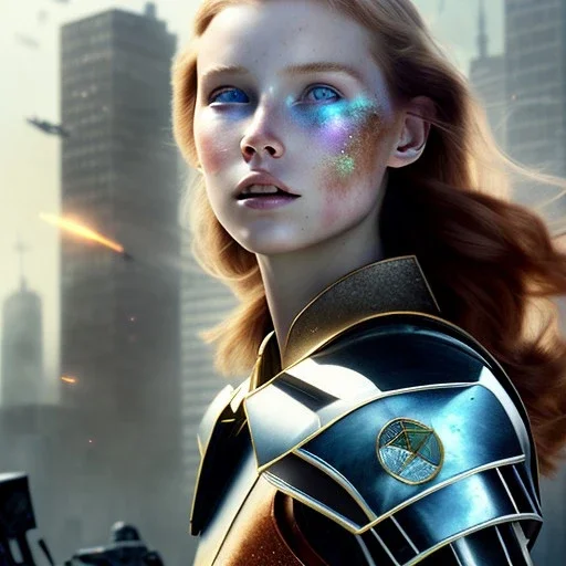 ultrarealistic, ruined city,__sci-fi armor__, __angles__, 18 year old woman, strikingly beautiful, ginger hair, _colour_, [__starlets__|__starlets__], (pale __skincolor__ skin:1.2), __camera__, _hair_, detailed face and eyes, medium breasts, leather choker, freckles, dynamic pose, resolved expression, __accessory__, strappy outfit, (straps:1.1), sword in scabard on left hip, (buckles, buttons, snaps, rings:1.0), haltertop style breastplate, detailed eyes, plump lips, sci-fi theme