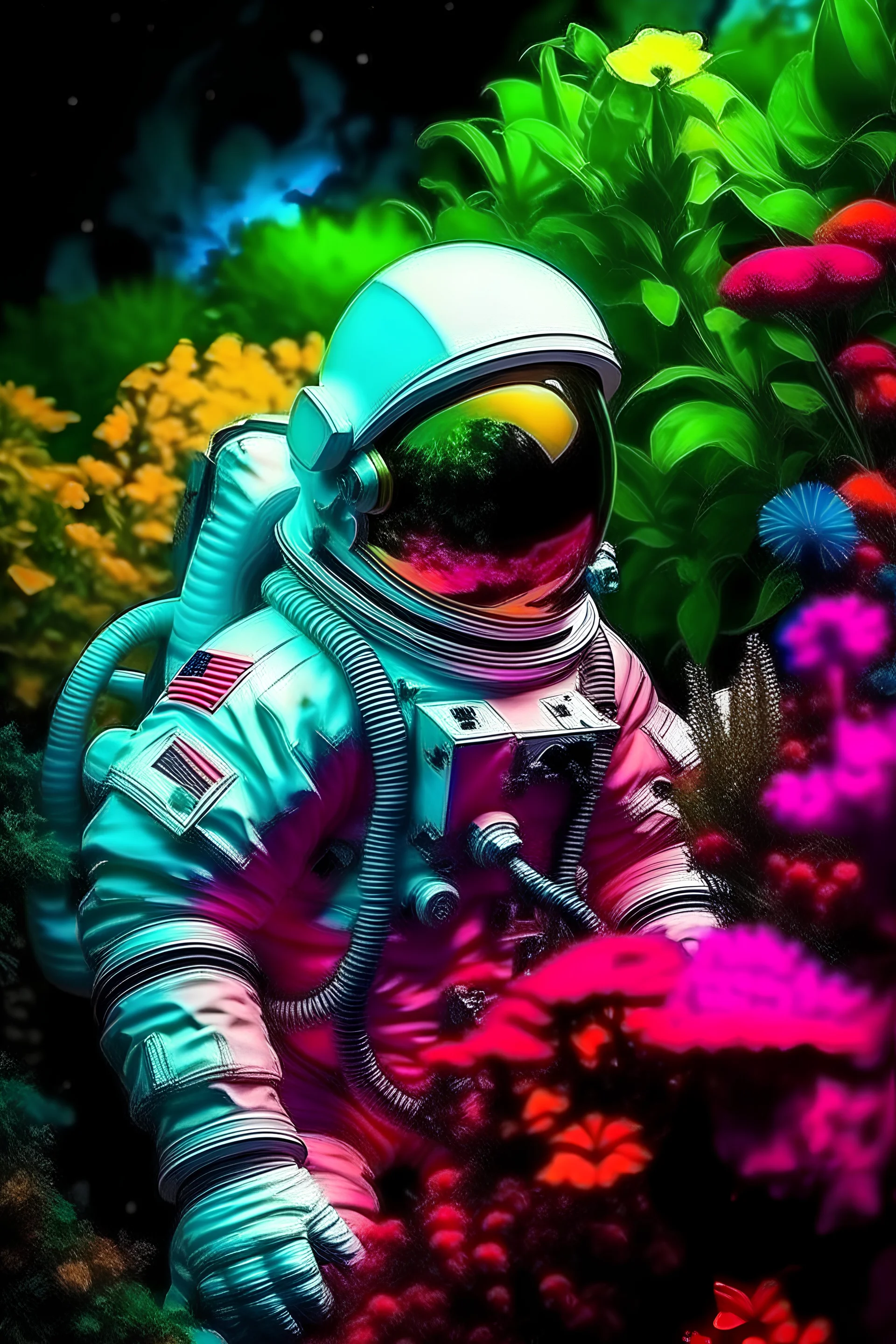 astronauta em um planeta multicolorido de plantas