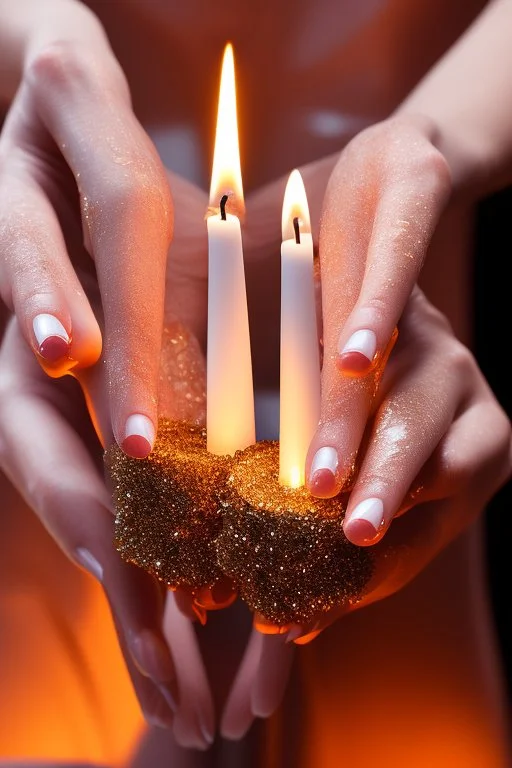 close up photography of female hands holding strong a very long burning wax candle, in a dark room, ambient occlusion, photorealistic