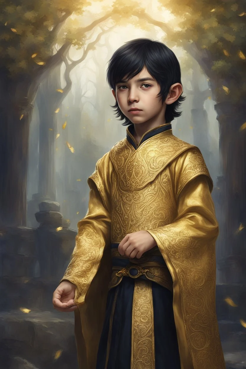 nine-year-old elven boy, golden eyes, black hair, dressed in aristocratic robes