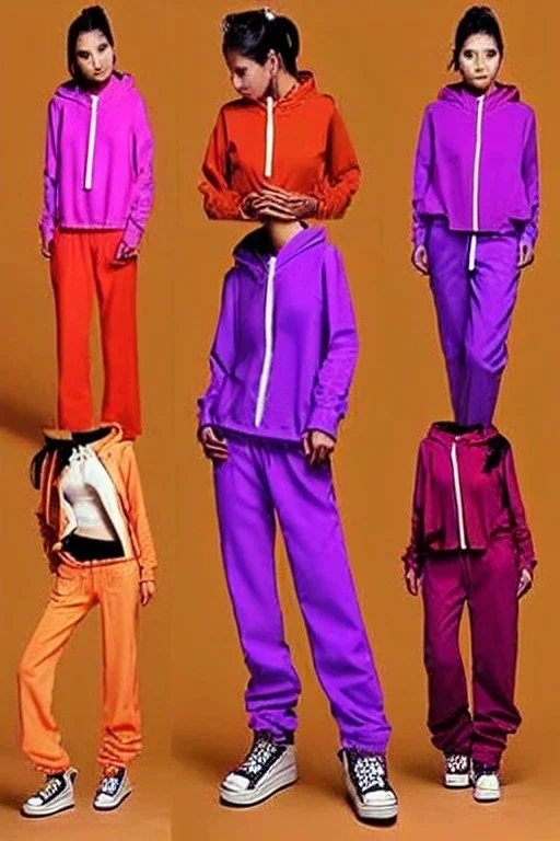 year 1999 women fashion, Techno, rave, Loose, straight, suit, low waist light trousers, t-shirt, new kind of hoodie with high tippet, which goes down along zipper! Colors: all denim colors, purple, khaki, lilac, plum, orange, terracotta, red, pink, dark blue, beige. Patterns: lynx, balls, stripes. lynx belt. starling or owl prints. Women models. Missy Elliot, Sandra Bullock, Milla Jovovich, Big tennis shoes on. Latex, denim and leather. Hat with a visor, integrated to AKG-style headphones.