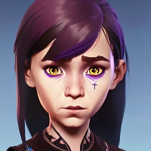 Portrait of a sweet 9 year old warlock toddler girl with brown hair with bangs and blue eyes