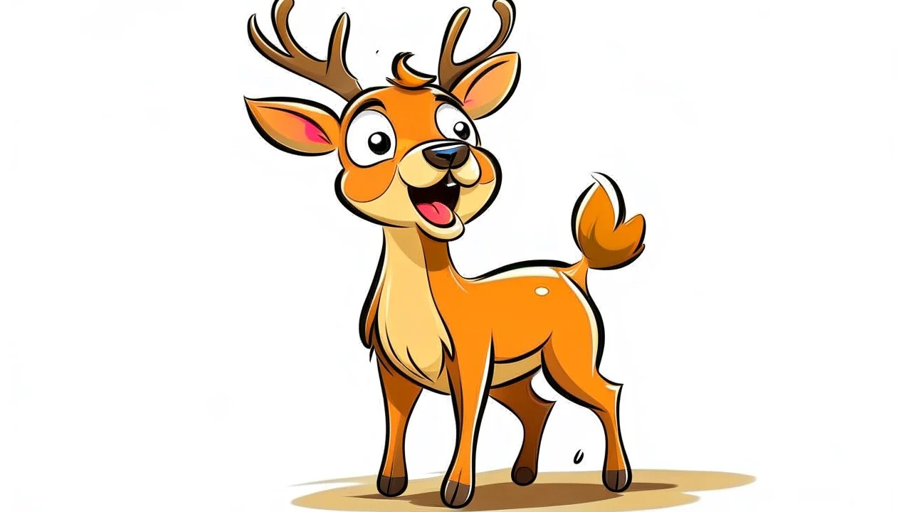 a cartoon deer with excited expression while looking at something outside the frame