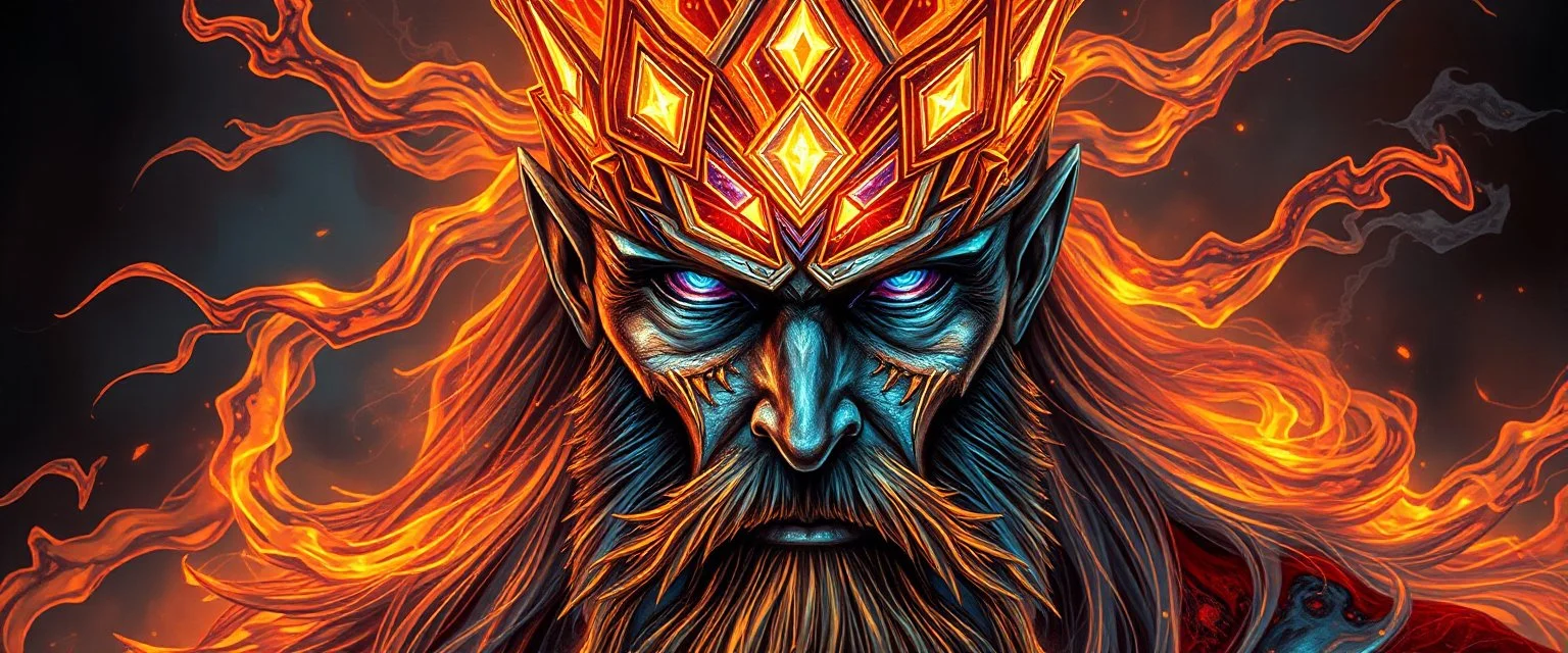 close up portrait of a plasma king flickers like hypnotic fire in geometric shapes like a dna swirl of time and a fearsome planeswalker covered in powerful runes